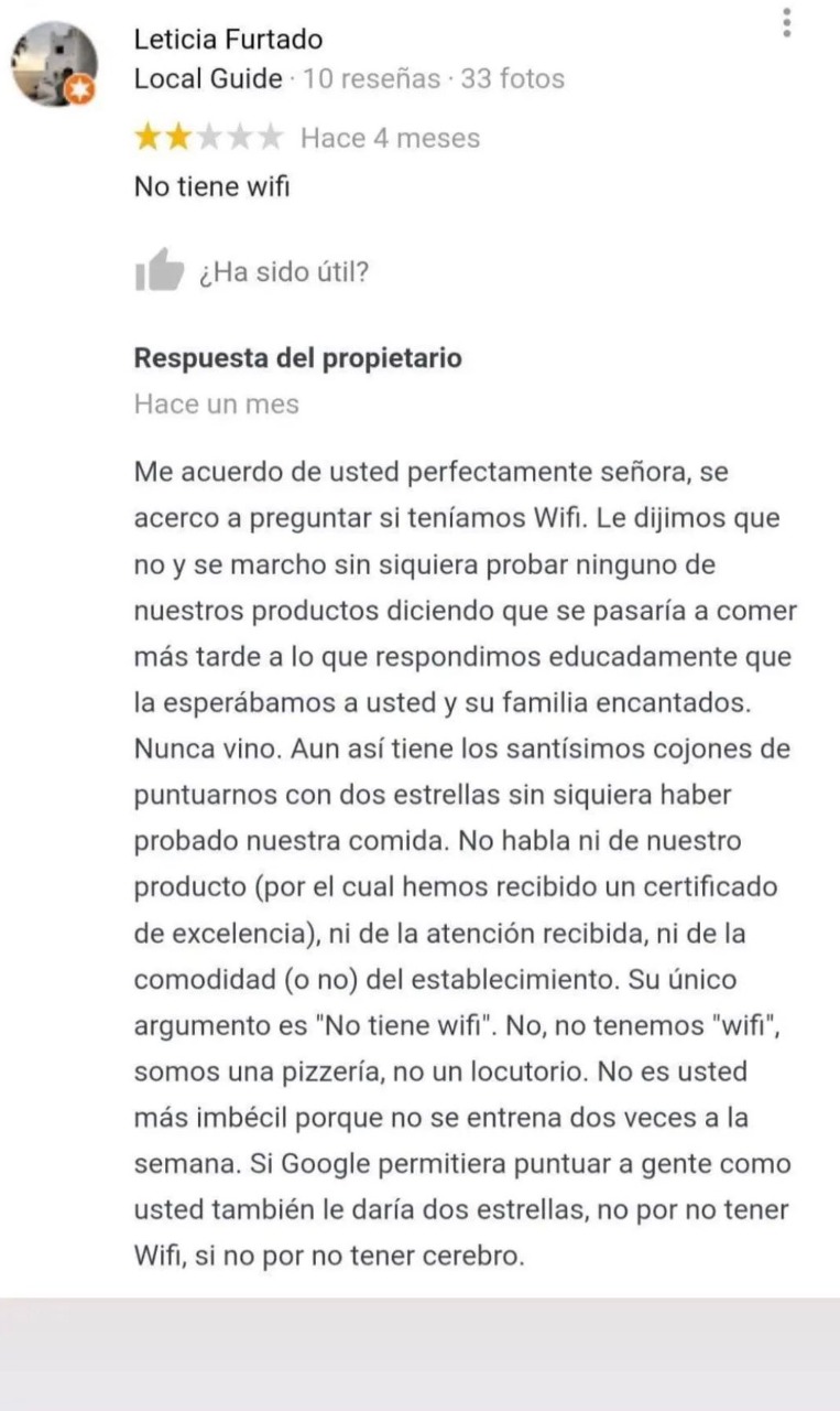 La respuesta del dueño de un restaurant tras la crítica de una clienta